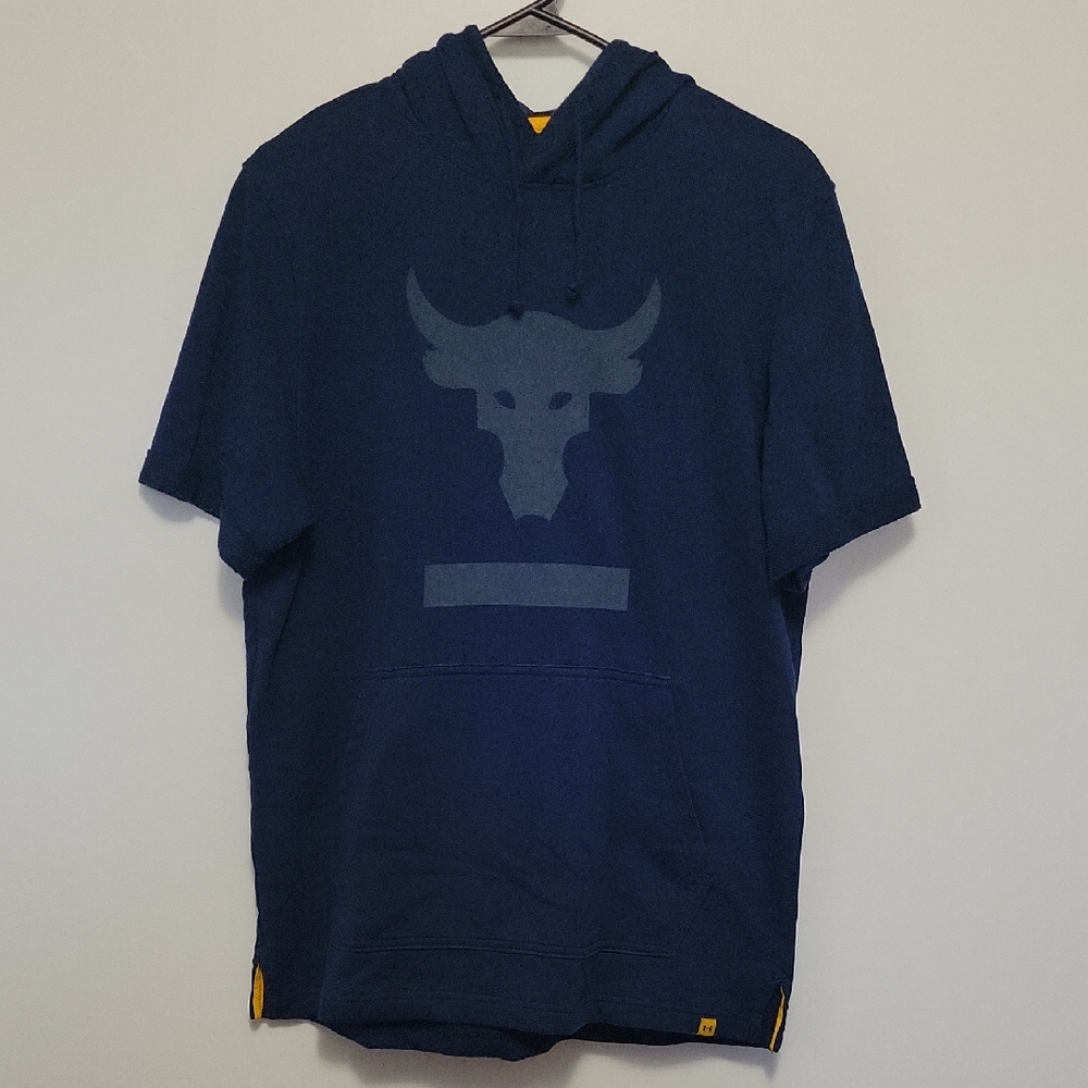 Under Armour Project Rock Navy Blue Short Sleeve Terry Hoodie with Gray Logo